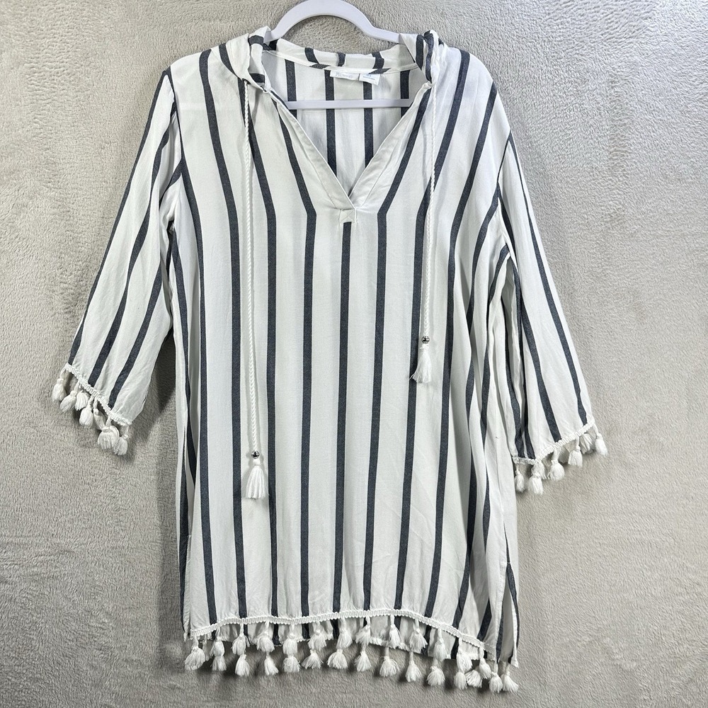 Sigrid Olsen Hooded Beach Cover Up Sz S White Blue‎ Stripes Tassels Swim pool